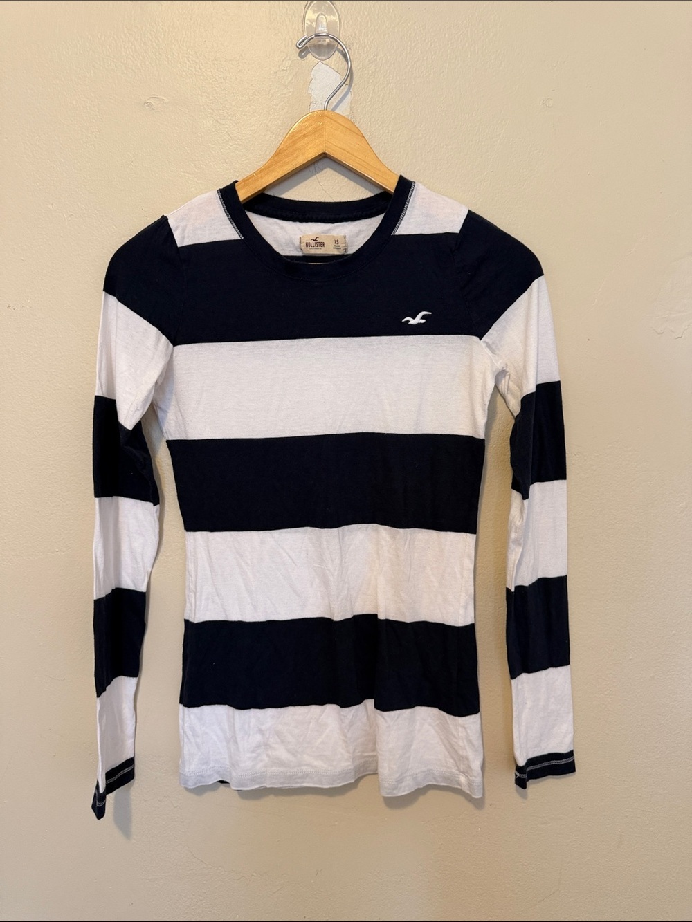 Hollister Navy and White Wide Stripe Long Sleeve Shirt